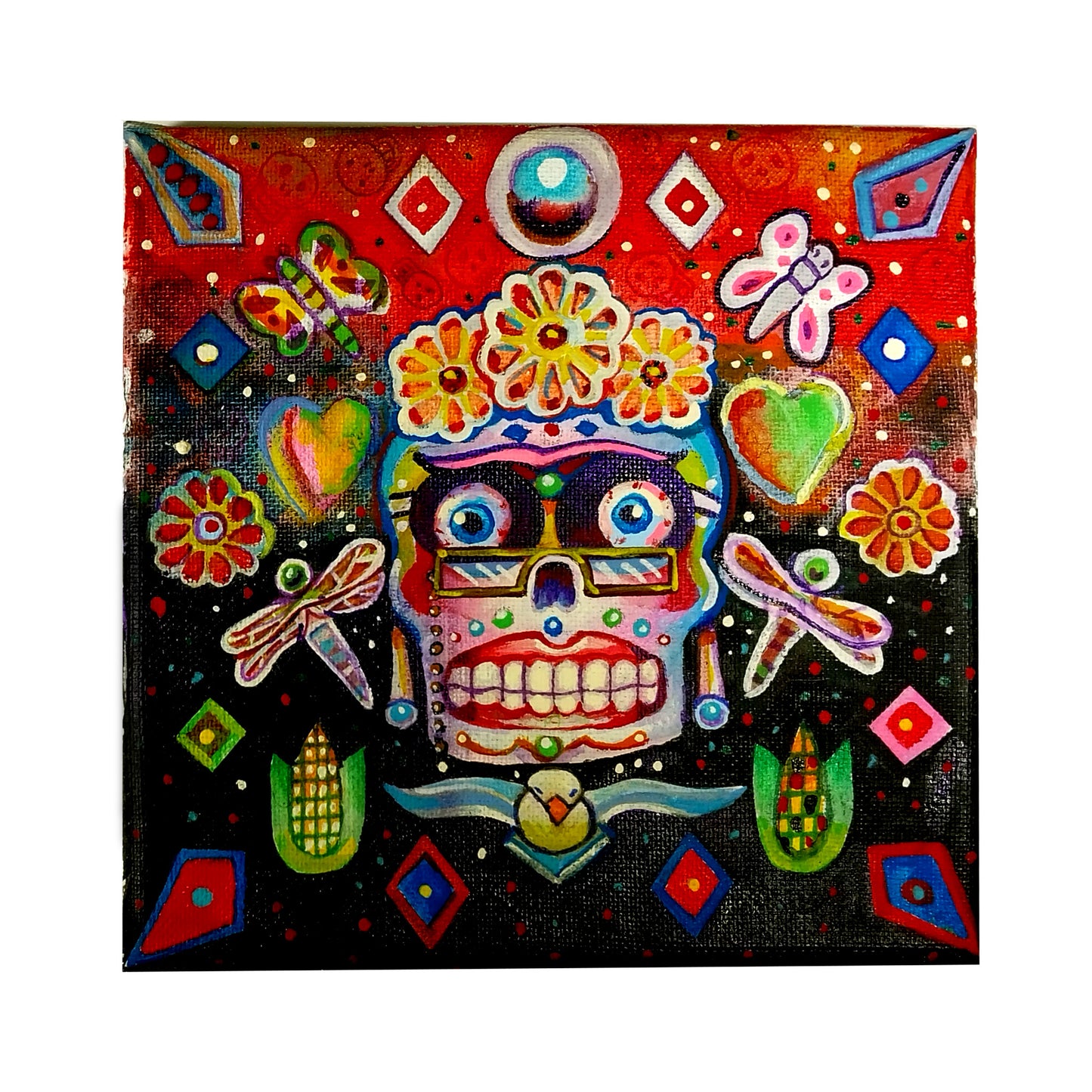 Day of the Dead Decorated Skull - Female - 6" x 6" original acrylic art by Frederick Aragon