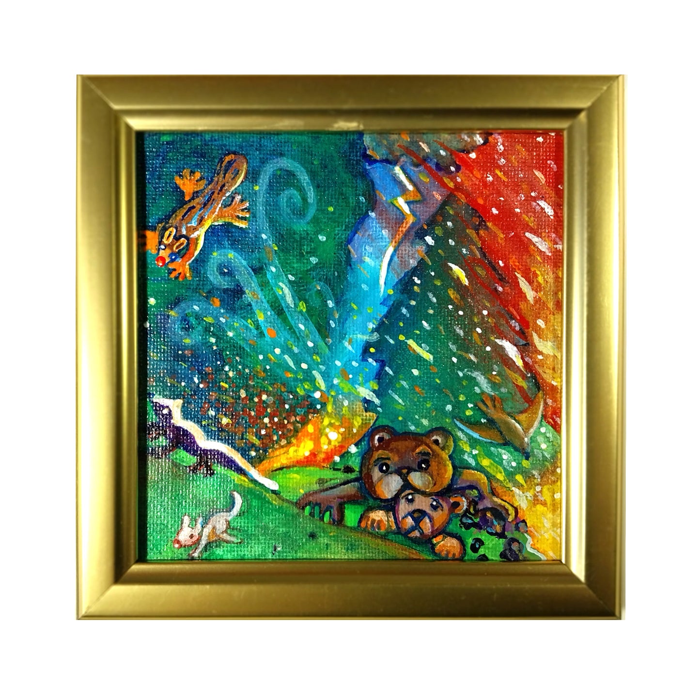 Fire Animals 4" x 4" original acrylic painting by Frederick Aragon