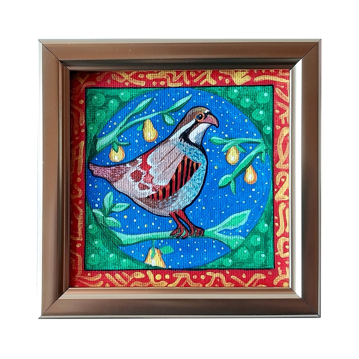 A Partridge in a Pear Tree - original folk art - 4" x 4" acrylic, framed