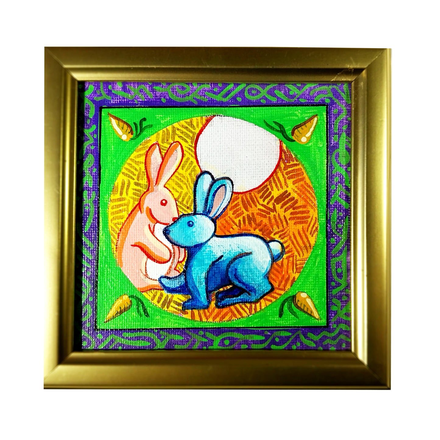 Two Rabbits - original folk art - 4" x 4" acrylic, framed