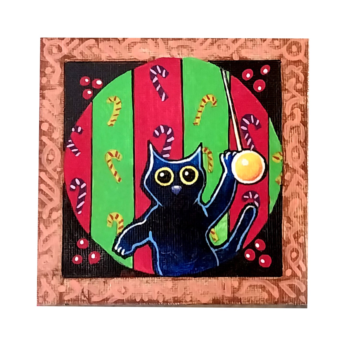 Black Cat Christmas - original folk art - 4" x 4" acrylic, framed