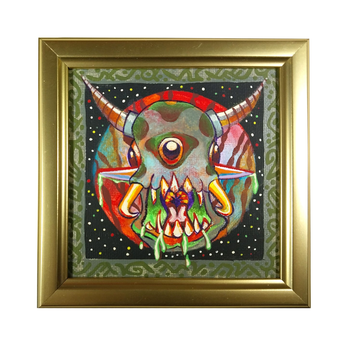 Drippy Monster 4" x 4" original acrylic painting by Frederick Aragon
