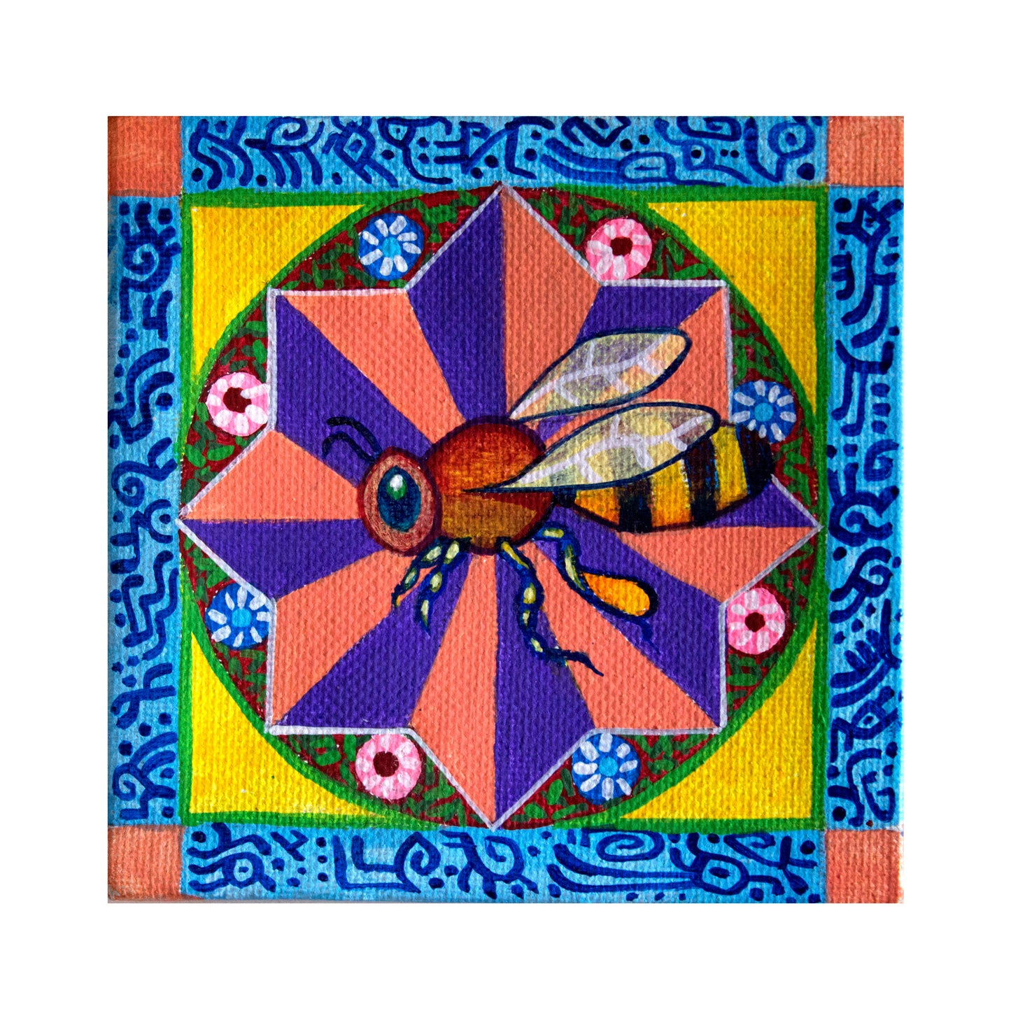 Flower Bee 4" x 4" original acrylic painting by Frederick Aragon