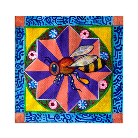 Flower Bee 4" x 4" original acrylic painting by Frederick Aragon