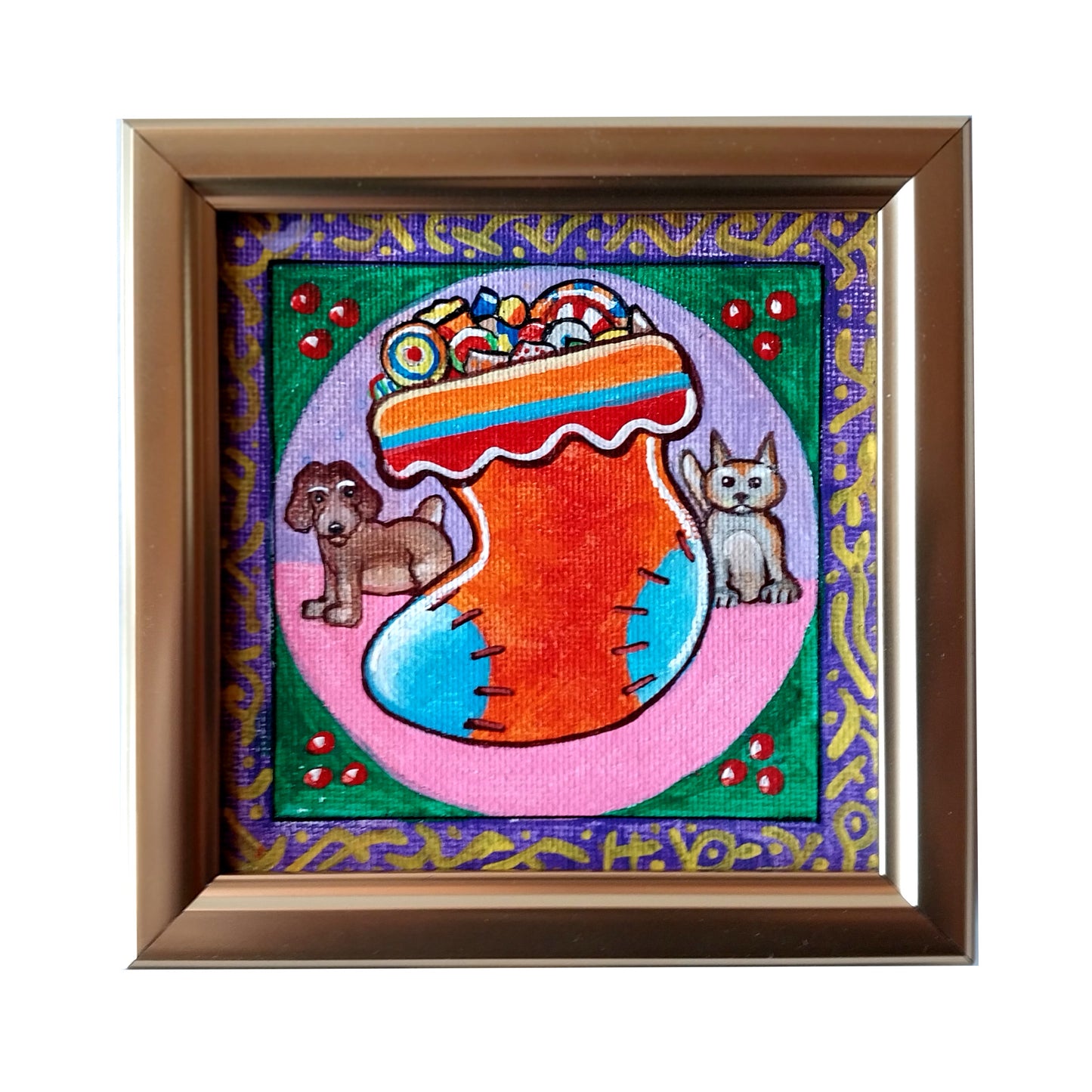 Good Doggy! Good Kitty! - original folk art - 4" x 4" acrylic, framed