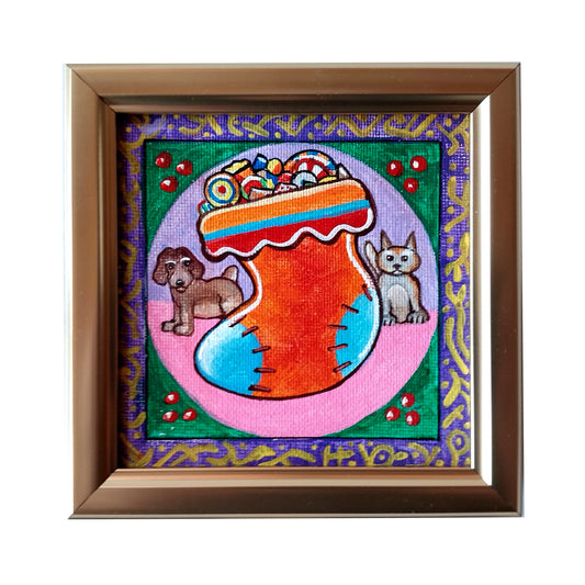 Good Doggy! Good Kitty! - original folk art - 4" x 4" acrylic, framed