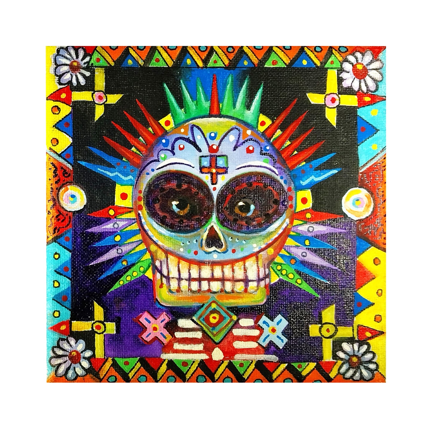 Day of the Dead Decorated Skull - Male -  6" x 6" original painting on canvas by Frederick Aragon