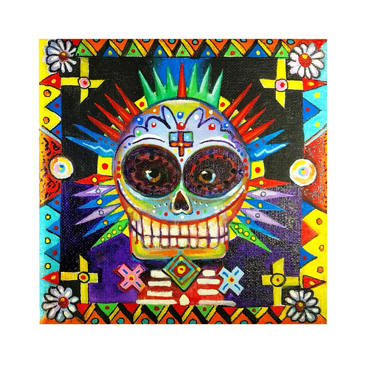 Day of the Dead Decorated Skull - Male -  6" x 6" original painting on canvas by Frederick Aragon