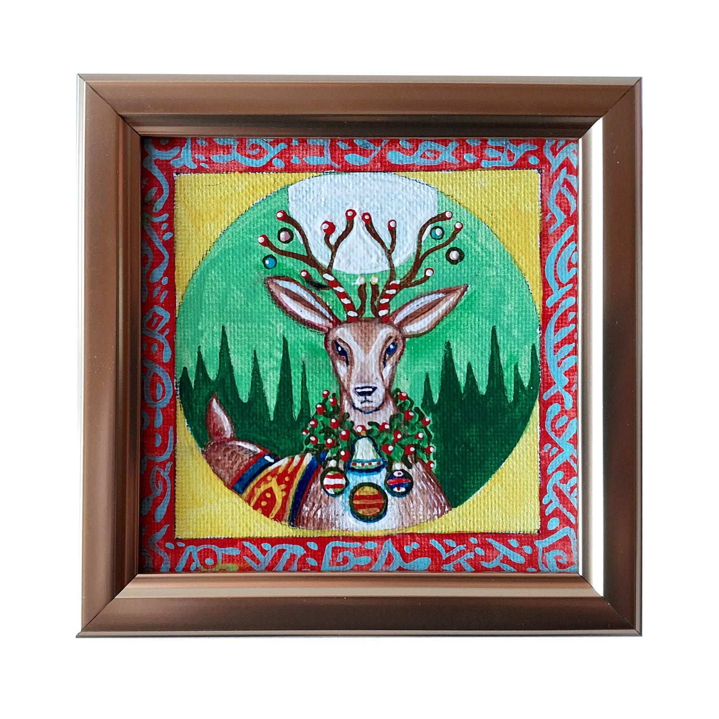 Oh Deer- original folk art - 4" x 4" acrylic, framed