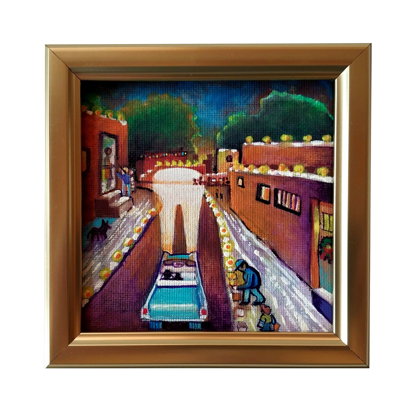 One Evening in December - original folk art - 4" x 4" acrylic, framed