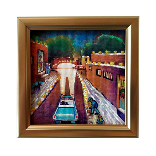 One Evening in December - original folk art - 4" x 4" acrylic, framed