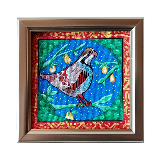 A Partridge in a Pear Tree -  original folk art - 4" x 4" acrylic, framed