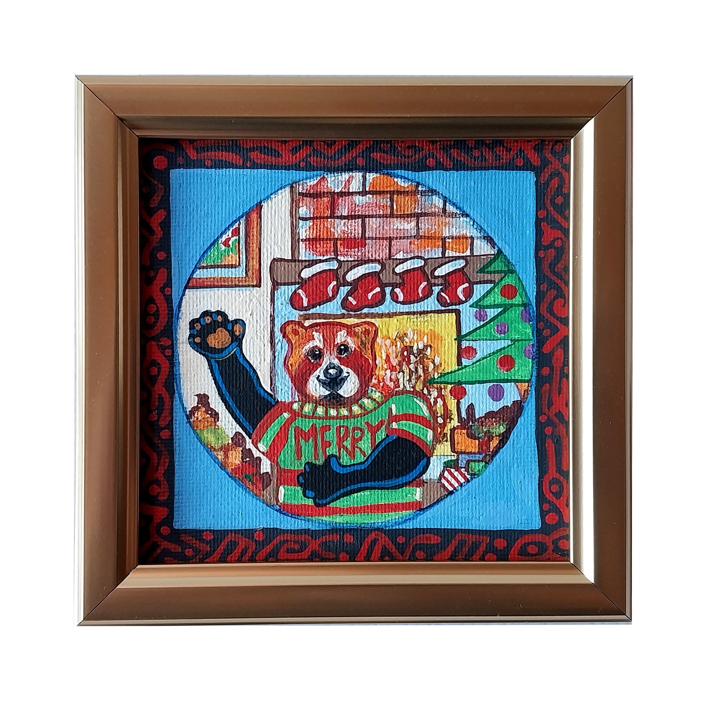 Red Panda - original folk art - 4" x 4" acrylic, framed