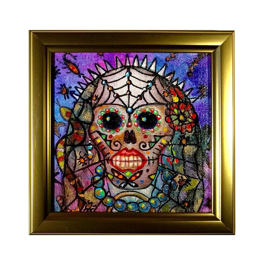 Dias de los Muertos Skull with Mantilla - 4" x 4" original folk art painting