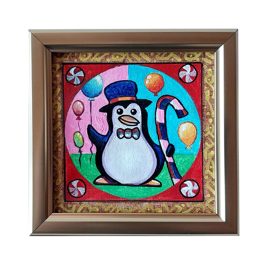 Soft Shoe Penguin - original folk art - 4" x 4" acrylic, framed