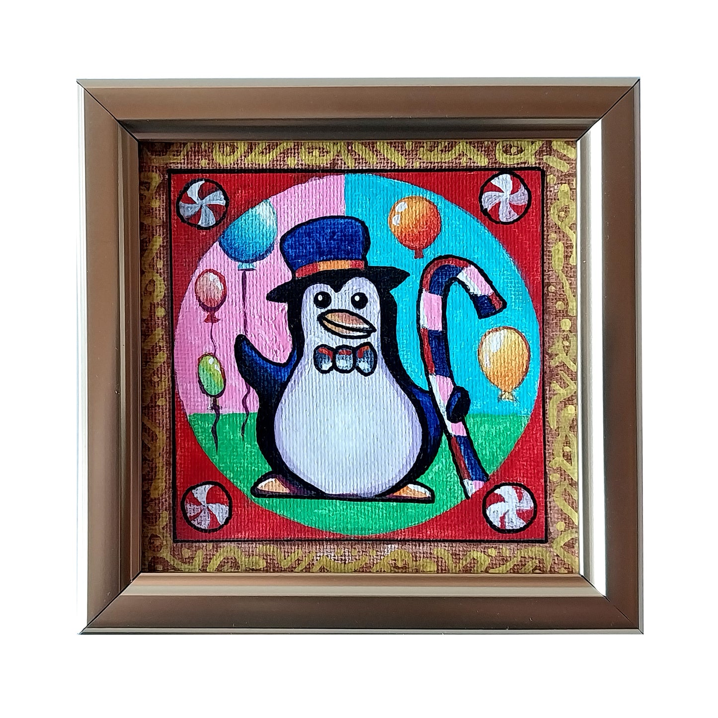 Soft Shoe Penguin - original folk art - 4" x 4" acrylic, framed