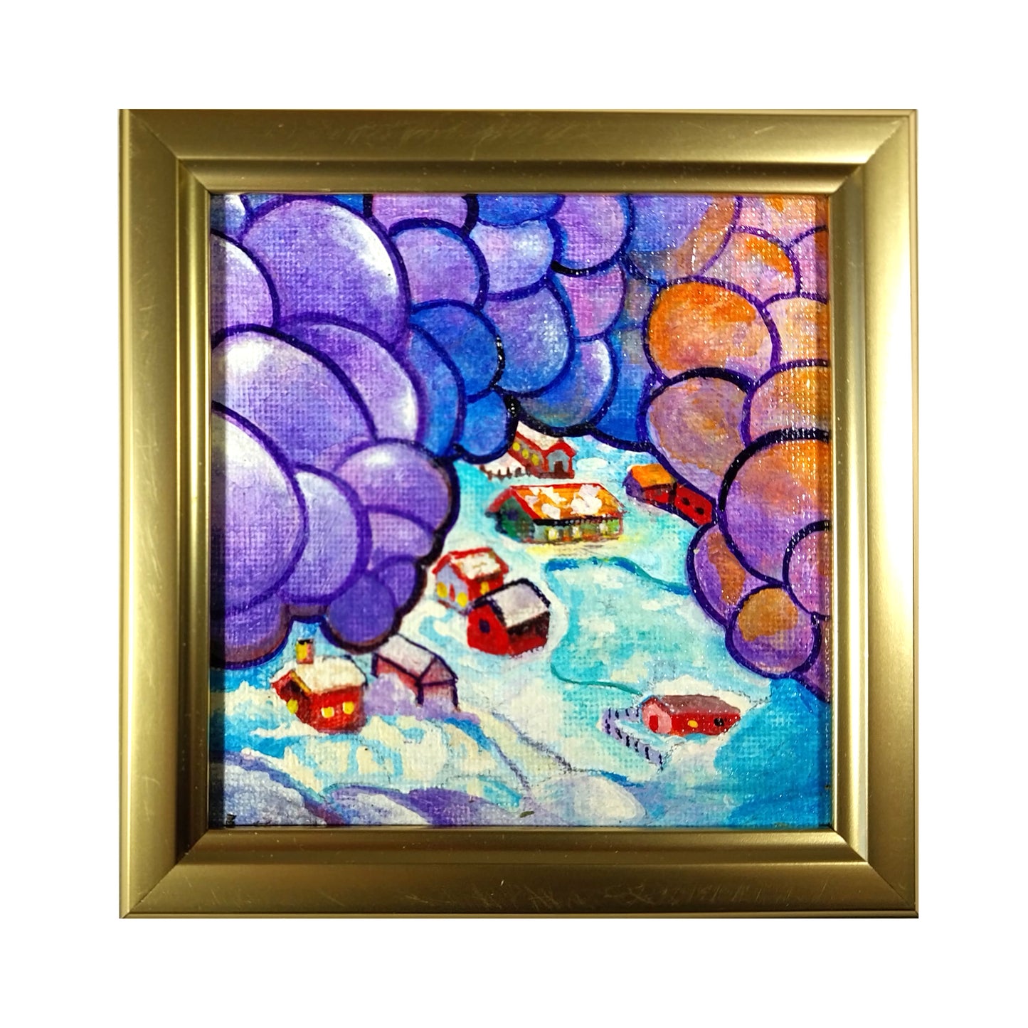 Winter Storms Coming - original 4" x 4" folk-art painting by Frederick Aragon