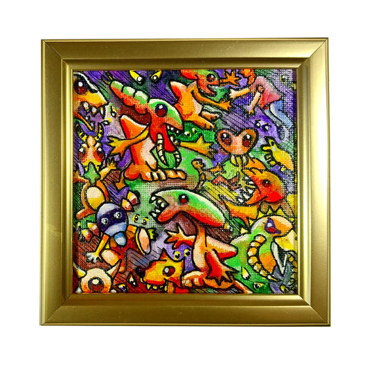 They're Here - 4" x 4" contemporary folk-art painting by Frederick Aragon