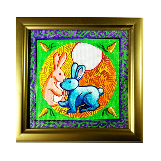 Two Rabbits  - original folk art - 4" x 4" acrylic, framed