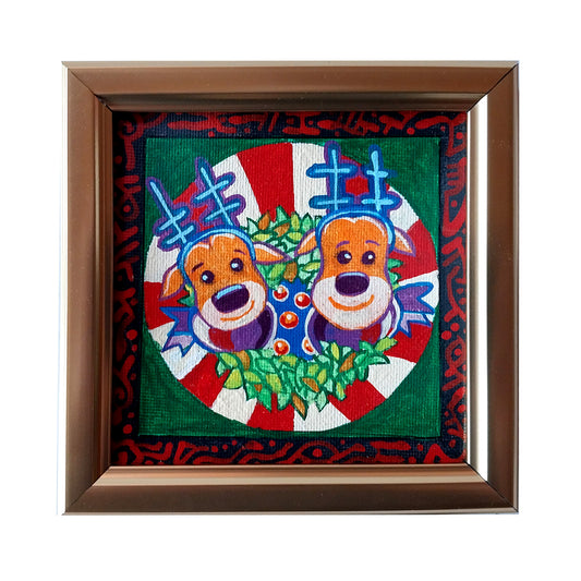 Wanna Be Reindeer - original folk art - 4" x 4" acrylic, framed