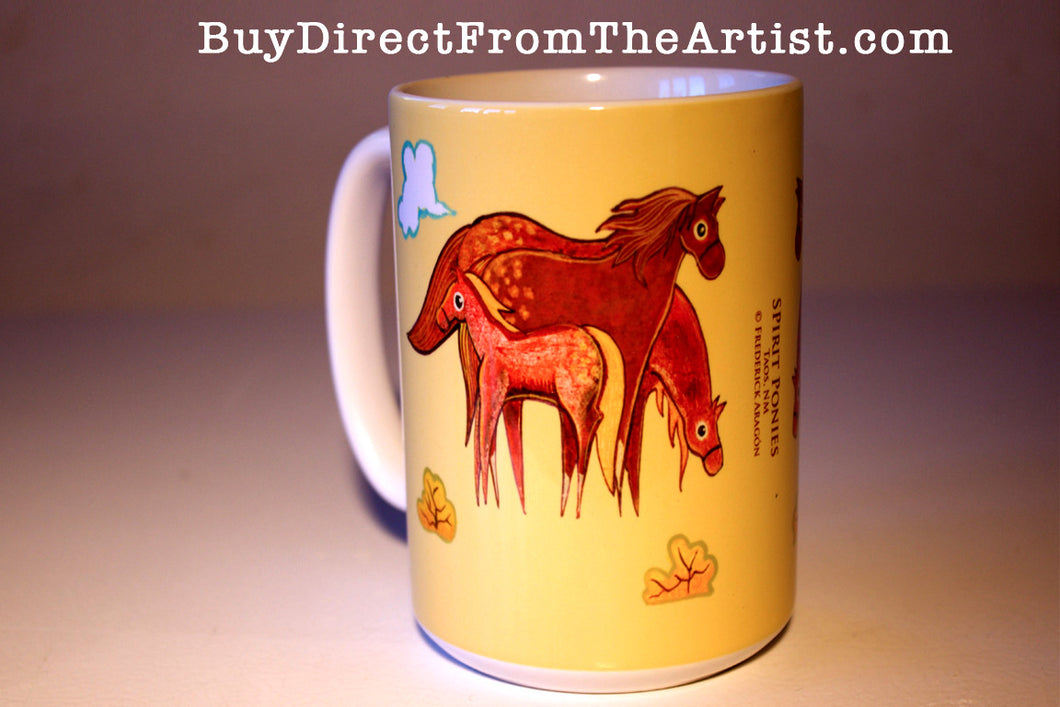 Three sorrel/chestnut appaloosa pony sisters hang out in the high desert. Background of mug is creamy yellow with a cloud and native desert plants.